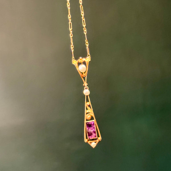 Art Nouveau 14kt Gold Amethyst + Pearl Lavalier Necklace