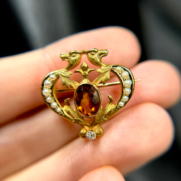 RARE Whimsical Art Nouveau 10kt Gold Double Gryphon Seed Pearl, Topaz and Diamond Brooch