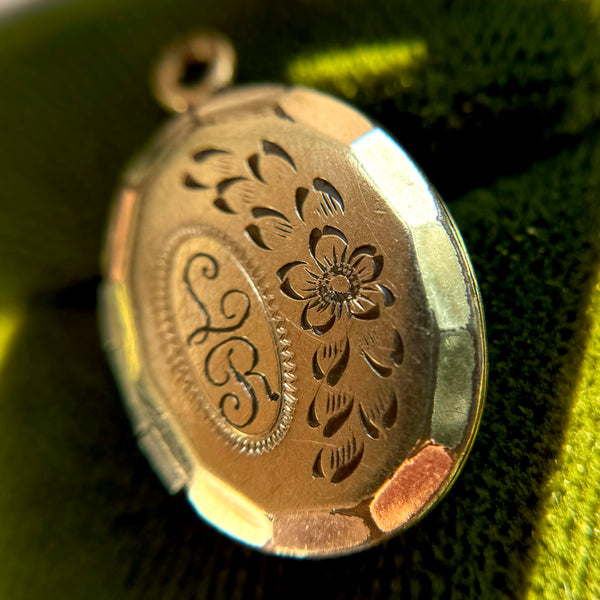 Antique Floral Etched Locket Engraved ‘LR’