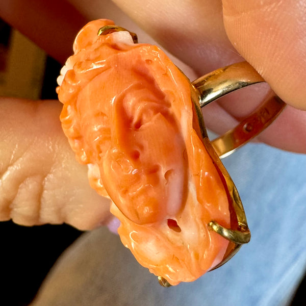 RARE Collectible 14kt Gold Carved Coral Goddess Ring