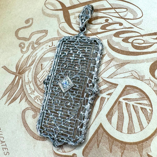 Antique 14kt WG Diamond Filigree Pendant