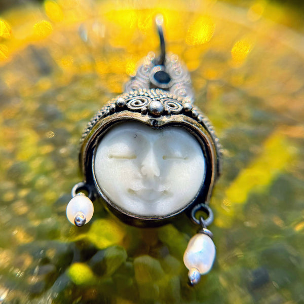 Sterling Silver Hand Carved Moon Goddess Pendant w/ 14kt Gold Accent