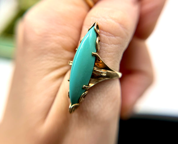 RARE Vintage 10kt Gold Turquoise Navette Statement Ring