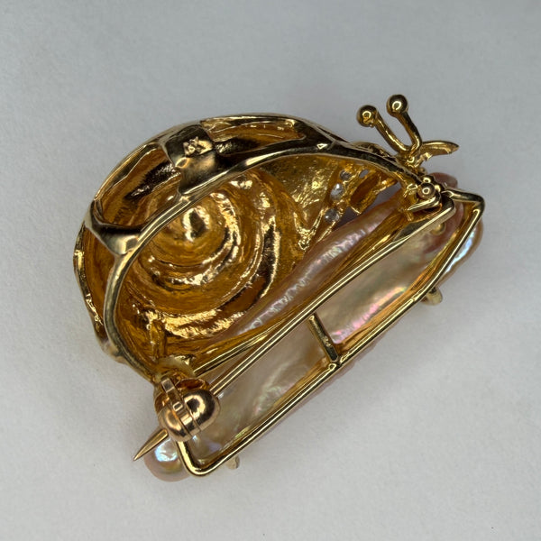 RARE 14kt Gold Pearl + Diamond Snail Brooch/Pendant