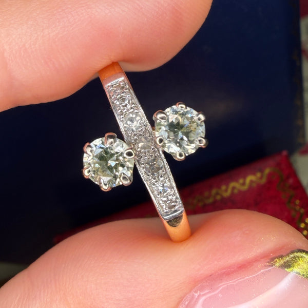 Antique 18ct Gold + Platinum Double Diamond Ring
