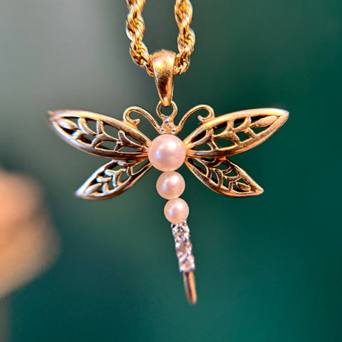 10kt Gold Pearl + Diamond Dragonfly Pendant
