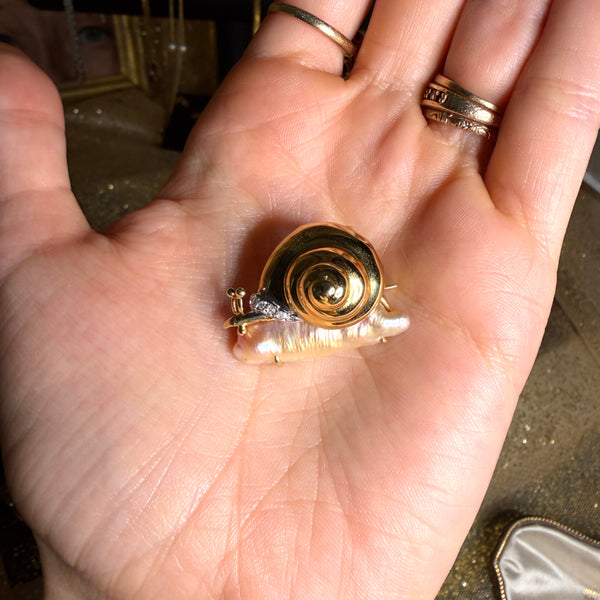 RARE 14kt Gold Pearl + Diamond Snail Brooch/Pendant
