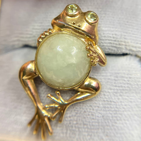 Unique 10kt Gold Frog Brooch Pendant w/ Jade Belly + Peridot Eyes