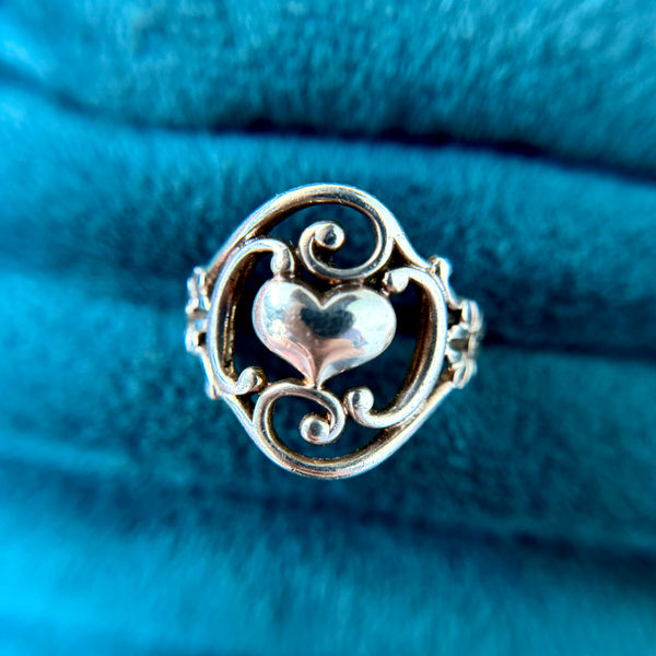 Vintage Sterling Silver Ornate Heart + Flower Ring