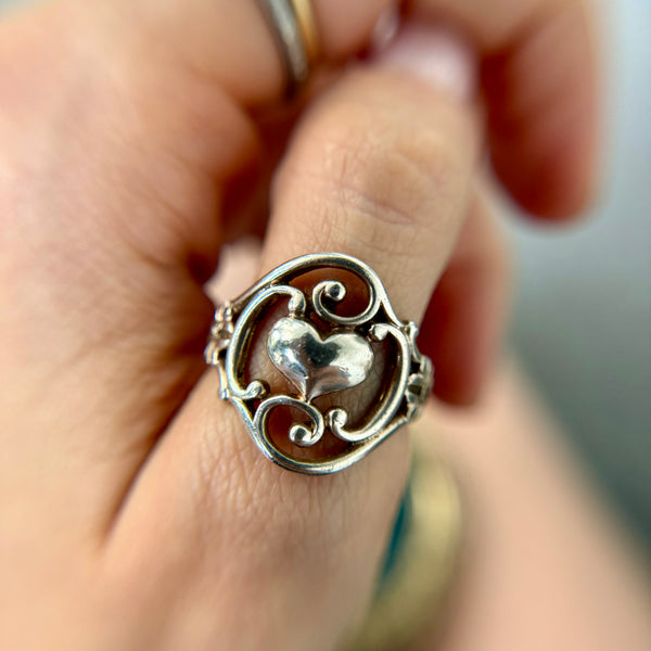 Vintage Sterling Silver Ornate Heart + Flower Ring