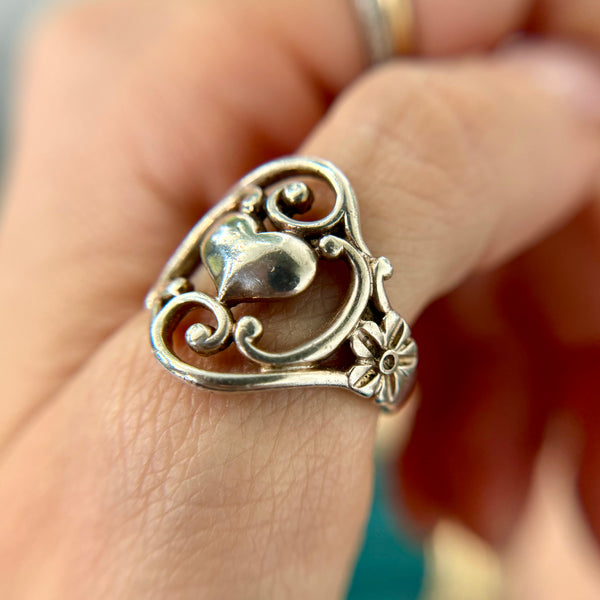 Vintage Sterling Silver Ornate Heart + Flower Ring