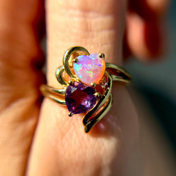 Estate Find 10kt Gold Opal + Amethyst Heart Ring w/ Diamond Accent