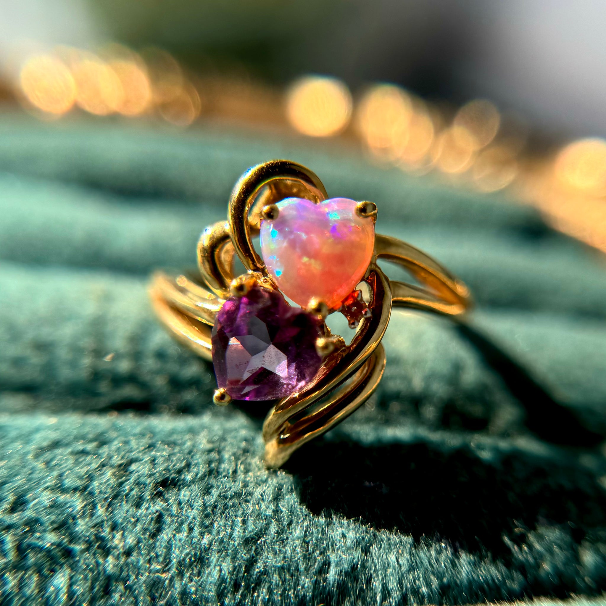 Estate Find 10kt Gold Opal + Amethyst Heart Ring w/ Diamond Accent