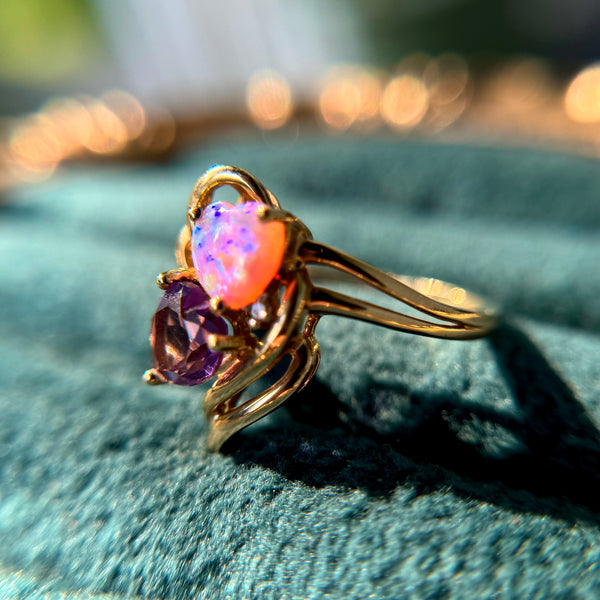 Estate Find 10kt Gold Opal + Amethyst Heart Ring w/ Diamond Accent