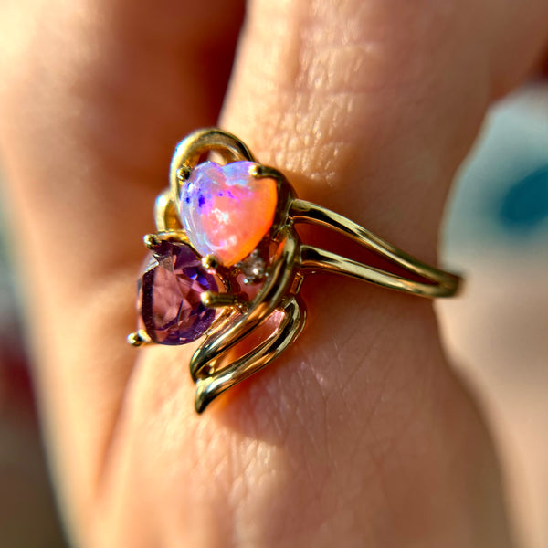 Estate Find 10kt Gold Opal + Amethyst Heart Ring w/ Diamond Accent