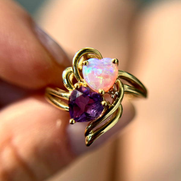 Estate Find 10kt Gold Opal + Amethyst Heart Ring w/ Diamond Accent