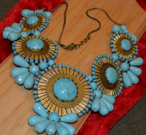 Vintage Costume Turquoise + Gold Statement Necklace