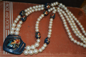 Vintage Faux Pearl Necklace with Flower + Butterfly Designs