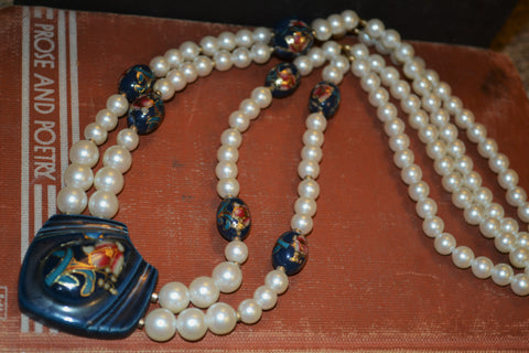 Vintage Faux Pearl Necklace with Flower + Butterfly Designs