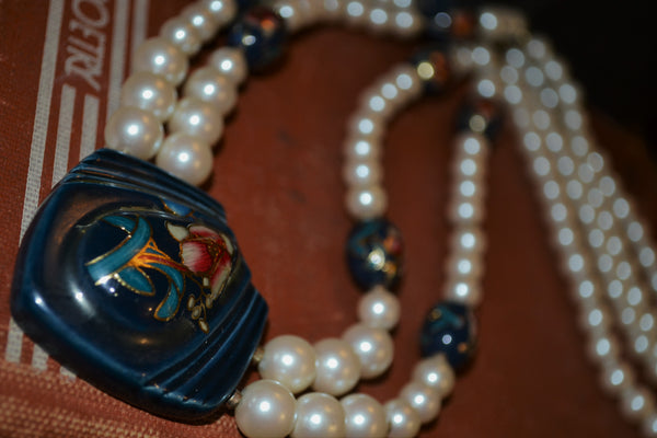 Vintage Faux Pearl Necklace with Flower + Butterfly Designs