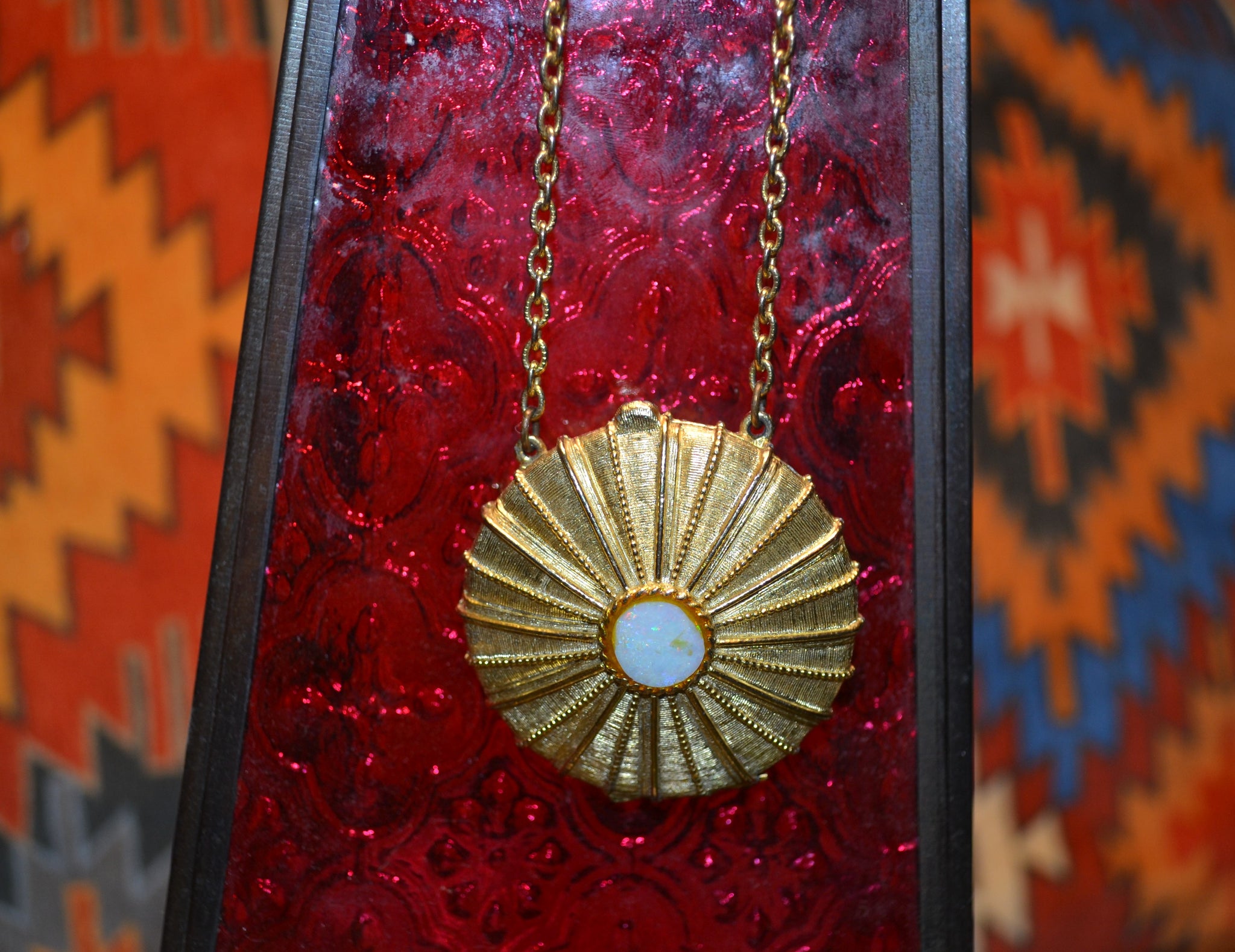 Vintage Sunburst Locket with Faux Opal