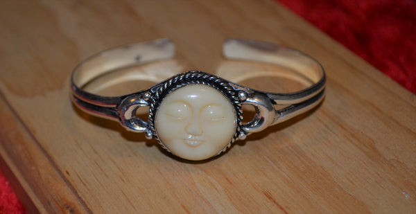 Carved Moon Face 925 Silver Cuff Bracelet