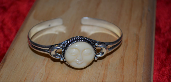 Carved Moon Face 925 Silver Cuff Bracelet
