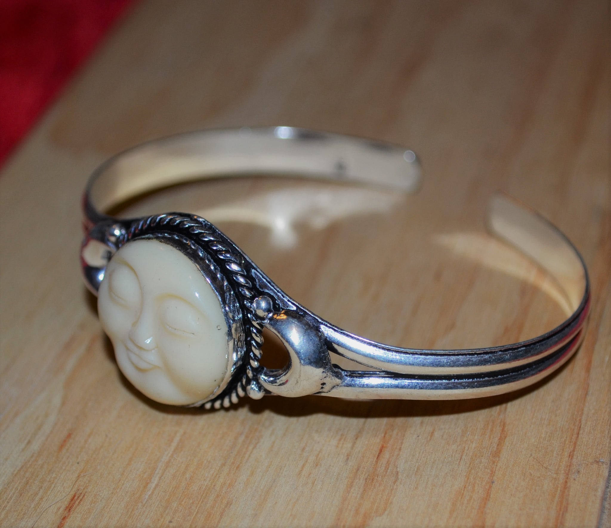 Carved Moon Face 925 Silver Cuff Bracelet