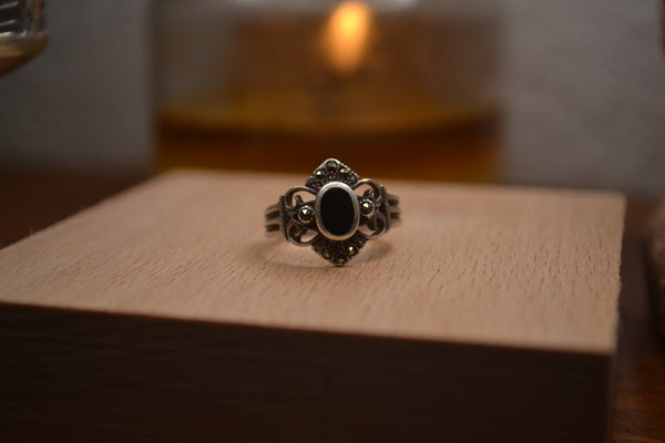 Rare Antique Art Nouveau Sterling Onyx & Marcasite Ring