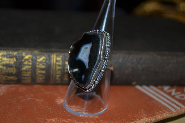 Handmade Ring with Black Agate Slice
