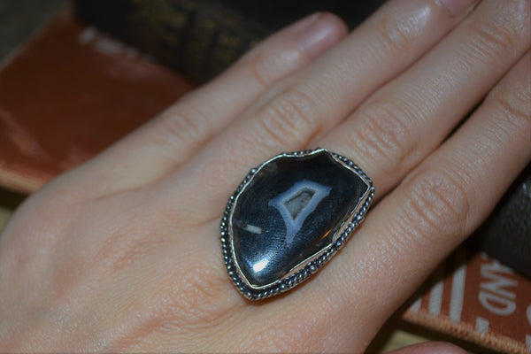 Handmade Ring with Black Agate Slice