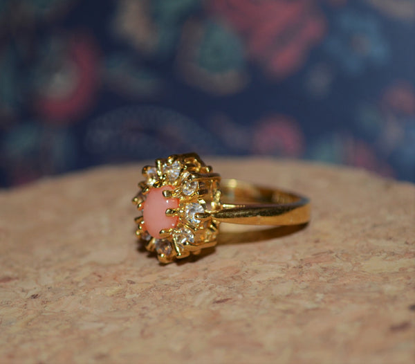 18kt Gold Plated Ring with Coral Stone and Halo