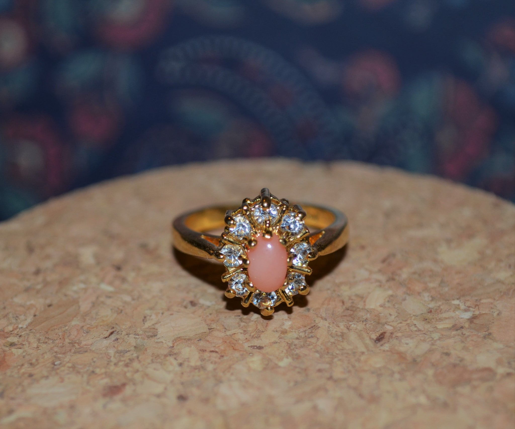 18kt Gold Plated Ring with Coral Stone and Halo