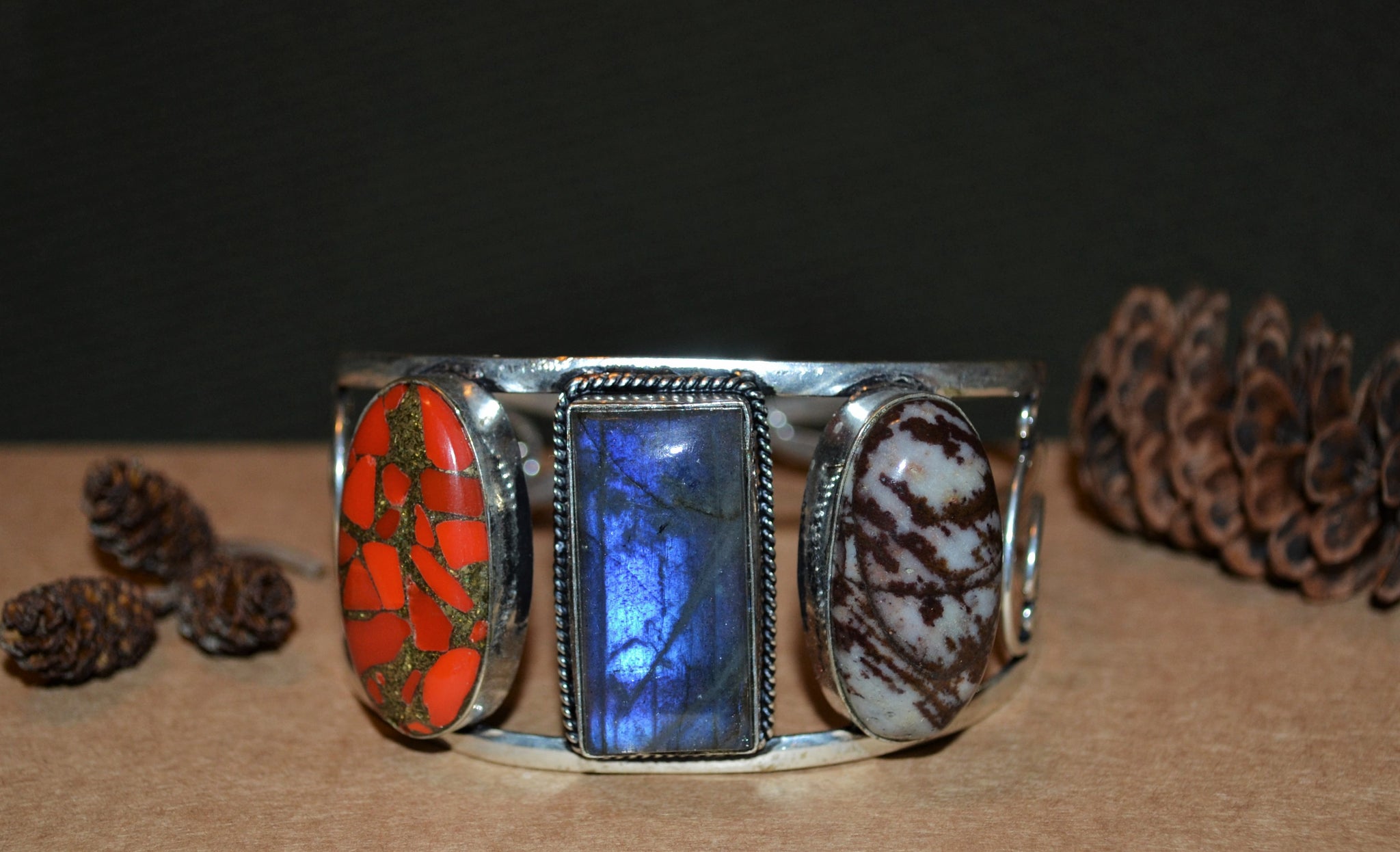 Vintage Multi Stone Sterling Silver Cuff Bracelet
