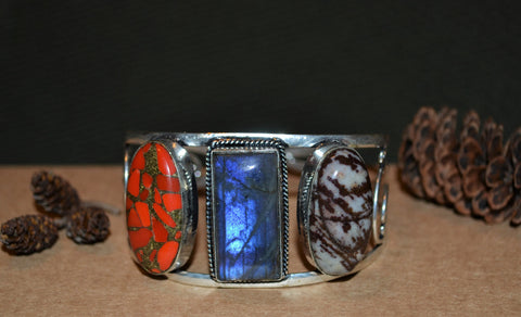 Vintage Multi Stone Sterling Silver Cuff Bracelet
