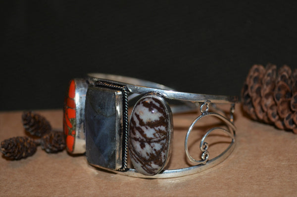 Vintage Multi Stone Sterling Silver Cuff Bracelet