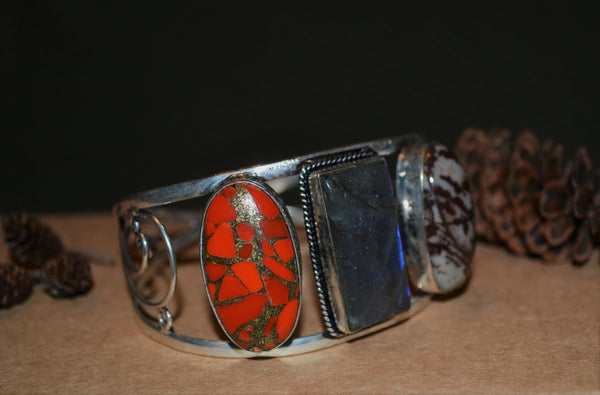 Vintage Multi Stone Sterling Silver Cuff Bracelet