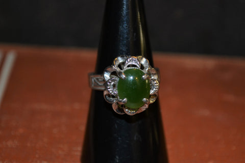 Vintage Sterling Silver Jade Floral Ring