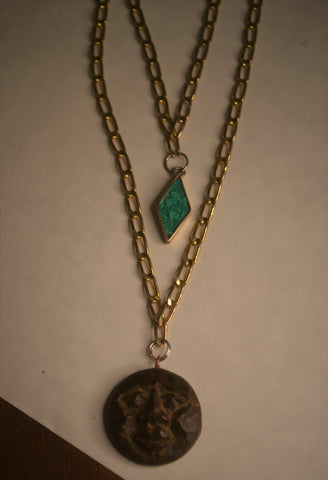 Handmade Moonface & Turquoise Necklace (Recycled Jewelry Parts)