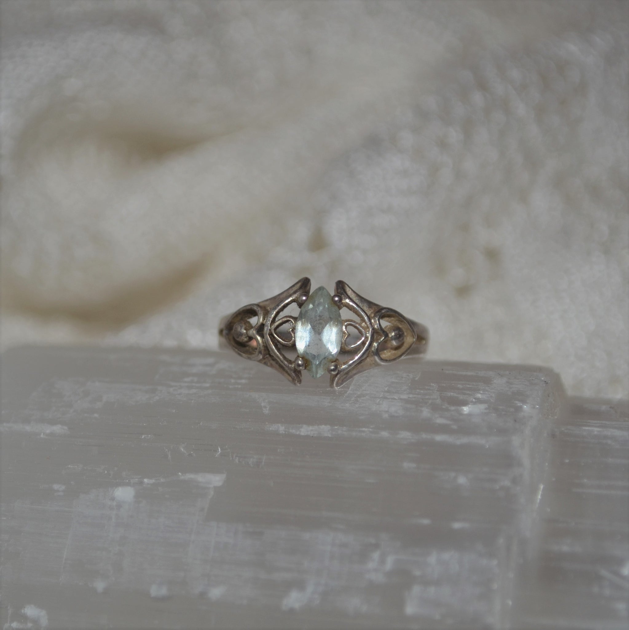 Sterling Silver Art Nouveau Ring with Pale Blue Gem