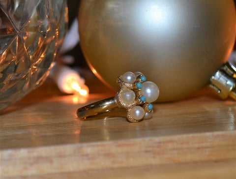 Vintage Pearl + Turquoise Bead Cocktail Ring