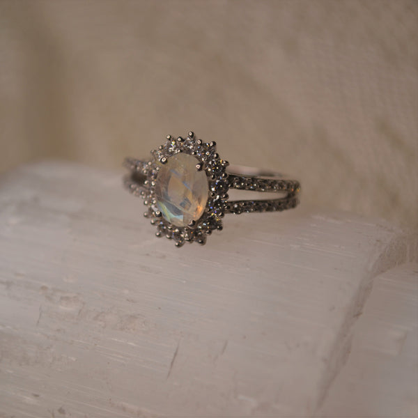 Sterling Silver Moonstone Ring with Halo (2.7ct)