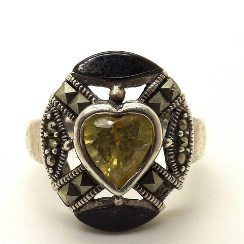 Vintage Onyx, Marcasite and Citrine Sterling Silver Ring