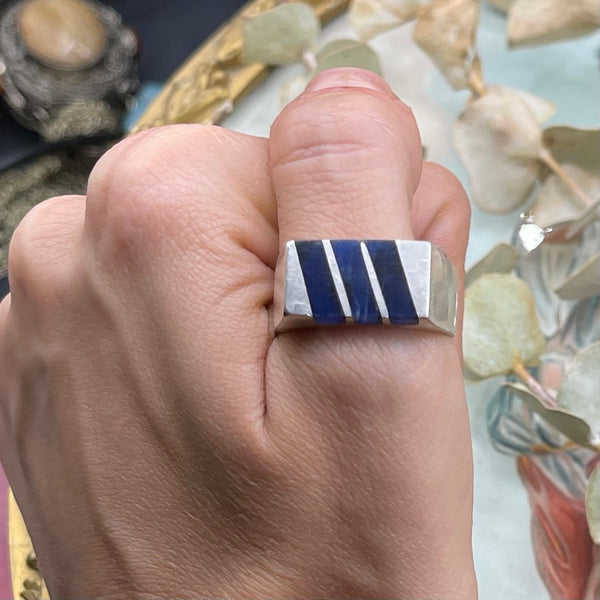 Vintage Unisex Mexican Silver with Lapis Lazuli Inlay