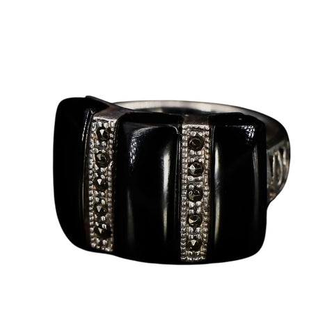 Vintage Art Deco Style Onyx + Marcasite Sterling Silver Ring