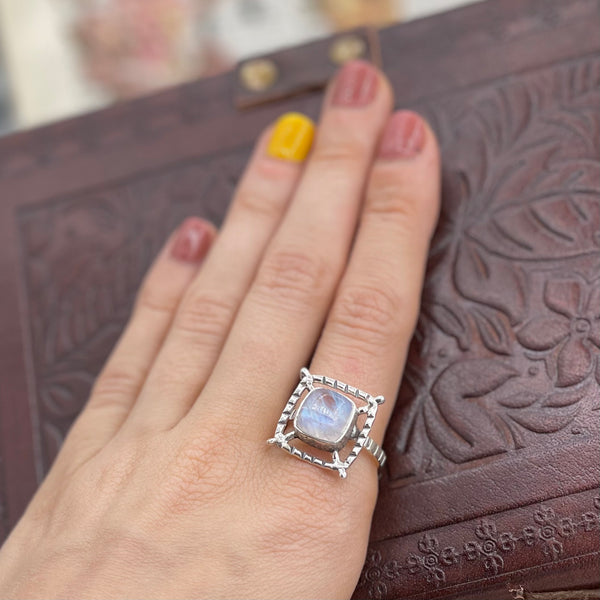 Moonstone Abstract Square Silver Ring