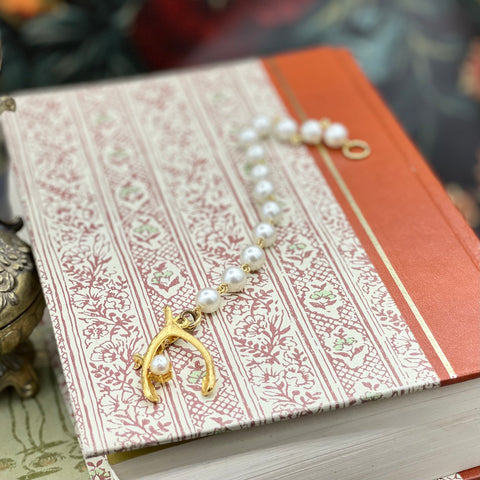 Vintage Gold Tone Faux Pearl Wishbone Bracelet
