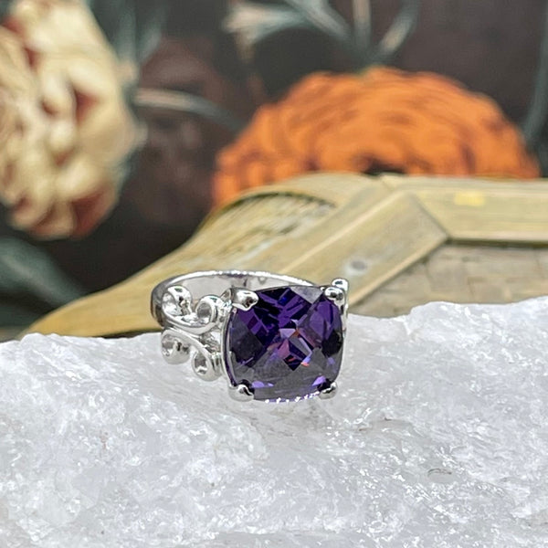 Sterling Silver Checkerboard Amethyst Filigree Ring