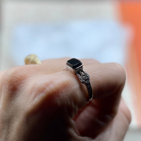 Vintage Sterling Silver Onyx Ring with Marcasite Accents
