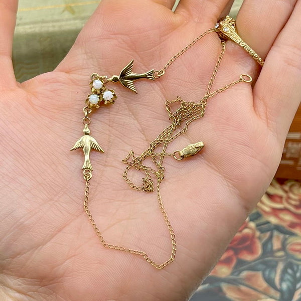 Vintage 14kt Gold Filled Love Bird Necklace with Opals